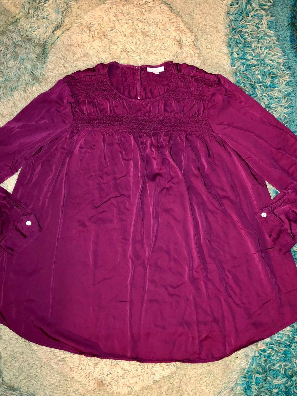 J. Jill Purple Smocked Button Woven Round Neck Long Sleeve Viscose Blouse L